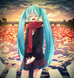 Rule 34 | 1girl, aqua hair, bad id, bad pixiv id, cloud, closed eyes, hakui, hatsune miku, long hair, open mouth, red scarf, reflection, scarf, skirt, sky, solo, twintails, very long hair, vocaloid, water