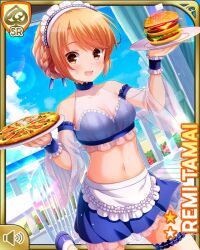 Rule 34 | 1girl, :d, apron, beach, bikini, blue bikini, blue skirt, brown eyes, brown hair, burger, card (medium), day, food, girlfriend (kari), looking at viewer, low twintails, maid apron, maid headdress, ocean, official art, open mouth, outdoors, pizza, qp:flapper, skirt, smile, solo, standing, swimsuit, tagme, tamai remi, thighhighs, tropical, twintails, white thighhighs