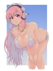 Rule 34 | 1girl, artist name, bent over, bikini, dot nose, hands on own thighs, headgear, highres, jewelry, leaning forward, long hair, looking to the side, necklace, nitroplus, pink hair, red eyes, smile, solo, super sonico, swimsuit, yoshitake maki