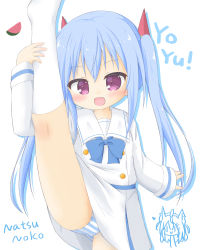 Rule 34 | 1girl, :d, absurdres, arm up, blonde dog girl (ri-net), blue bow, blue hair, blush, bow, dress, fang, food, food-themed hair ornament, fruit, hair between eyes, hair ornament, highres, leg up, long hair, long sleeves, looking at viewer, open mouth, original, panties, purple eyes, ri-net, romaji text, sailor collar, sailor dress, simple background, sleeves past wrists, smile, solo, split, standing, standing on one leg, standing split, striped clothes, striped panties, translation request, twintails, underwear, very long hair, watermelon, watermelon hair ornament, white background, white dress, white sailor collar