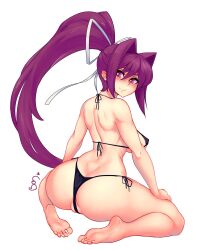 Rule 34 | 1girl, absurdres, back, bare shoulders, bikini, blush, breasts, butt crack, cleft of venus, from behind, hair intakes, high ponytail, highres, large breasts, lewd.commander, long hair, looking at viewer, looking back, purple eyes, purple hair, side-tie bikini bottom, simple background, solo, spread legs, swimsuit, under night in-birth, white background, yuzuriha (under night in-birth)