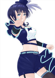 Rule 34 | 1girl, absurdres, aqua belt, artist name, artist request, asaka karin, bare shoulders, belt, black gloves, black legwear, black sleeves, blue belt, blue bow, blue camisole, blue detached collar, blue eyes, blue hair, blue hat, blue pants, blue shirt, blue shorts, blue tank top, blue wrist cuffs, blush, bow, bowtie, breasts, bridal gauntlets, buttons, camisole, cleavage, clenched hand, collarbone, crop top, dark blue hair, detached collar, detached sleeves, earrings, elbow sleeve, feathers, female focus, fingering, fingerless gloves, fishnet legwear, fishnets, gloves, hat, hat feather, highres, jewelry, looking at viewer, love live!, love live! nijigasaki high school idol club, love live! school idol festival, medium breasts, medium hair, midriff, mini hat, mini top hat, mole, mole on body, mole on breast, pants, parted lips, ring, shirt, short hair, shorts, single bare shoulder, single sleeve, sleeveless, smile, solo, star (symbol), star earrings, tank top, thigh strap, top hat, v-shaped eyebrows, vivid world (love live!), white background, white feathers, wing collar, wrist cuffs