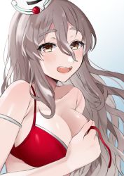 Rule 34 | 1girl, absurdres, bikini, blush, breasts, brown eyes, cleavage, covering privates, covering breasts, gradient background, grey hair, hair between eyes, hat, highres, kantai collection, large breasts, long hair, open mouth, pola (kancolle), red bikini, simple background, solo, swimsuit, thick eyebrows, toriniku senshi chikinman, upper body, wavy hair
