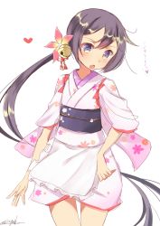Rule 34 | 10s, 1girl, absurdres, akebono (kancolle), apron, bad id, bad pixiv id, bell, blush, floral print, flower, hair bell, hair flower, hair ornament, highres, japanese clothes, jingle bell, kantai collection, kimono, long hair, maid, multicolored eyes, open mouth, purple eyes, purple hair, short kimono, side ponytail, solo, translated, very long hair, wa maid, yellow eyes, yuu zaki