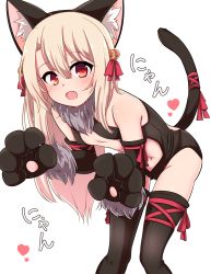 Rule 34 | 1girl, :o, animal ears, animal hands, bare shoulders, bell, black gloves, black legwear, black leotard, blonde hair, cat ears, cat tail, chawan (yultutari), commentary request, dangeroes beast (illya), elbow gloves, fang, fate/kaleid liner prisma illya, fate (series), flat chest, fur collar, gloves, hair bell, hair ornament, hair ribbon, heart, highres, illyasviel von einzbern, jingle bell, leaning forward, leotard, long hair, looking at viewer, navel, official alternate costume, open mouth, parted bangs, paw gloves, red eyes, red ribbon, ribbon, simple background, solo, tail, tail ornament, tail ribbon, translation request, white background
