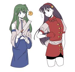 Rule 34 | 2girls, ?, asamiya athena, black shorts, blue skirt, chinese clothes, closed mouth, collarbone, detached sleeves, frog hair ornament, gloves, gohei, green eyes, green hair, hair between eyes, hair ornament, hairband, highres, holding, japanese clothes, kochiya sanae, long hair, looking at another, miko, multiple girls, open mouth, purple eyes, purple hair, rbfnrbf (mandarin), red gloves, red hairband, sash, shirt, shorts, simple background, skirt, snake hair ornament, speech bubble, star (symbol), star ornament, sweat, the king of fighters, touhou, white background, white sash, white shirt, white sleeves, wide sleeves