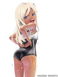 Rule 34 | 10s, 1girl, amazima mangetu, artist name, ass, blonde hair, blue eyes, cowboy shot, crop top, flower, from behind, hair flower, hair ornament, kantai collection, long hair, looking at viewer, looking back, one-piece swimsuit, one-piece tan, open mouth, ro-500 (kancolle), sailor collar, school swimsuit, simple background, solo, swimsuit, swimsuit under clothes, tan, tanline, teeth, upper teeth only, wet, wet clothes, wet swimsuit, white background