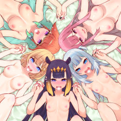 Rule 34 | 5girls, aqua hair, bare arms, bare shoulders, blonde hair, blue eyes, blunt bangs, blush, breasts, censored, circle formation, closed mouth, collarbone, completely nude, from above, gawr gura, gradient hair, hair ornament, heart, heart-shaped pupils, highres, holding hands, hololive, hololive english, implied sex, large breasts, long hair, looking down, lying, medium breasts, mori calliope, motion lines, multicolored hair, multiple girls, nail polish, navel, ninomae ina&#039;nis, nipples, nude, on back, one eye closed, open mouth, orange hair, pink eyes, pink hair, pointy ears, purple eyes, purple hair, sex, short hair, silver hair, small breasts, strap gap, symbol-shaped pupils, takanashi kiara, teeth, tentacle hair, tiara, two-tone hair, upper teeth only, very long hair, virtual youtuber, waterring, watson amelia, wavy mouth