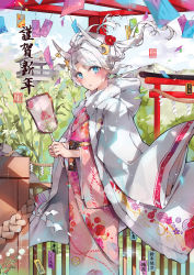 Rule 34 | 1girl, blue eyes, commentary request, confetti, crescent, crescent hair ornament, dema hmw, floral print, flower, fur-trimmed jacket, fur trim, hair flower, hair ornament, highres, holding, horns, jacket, jacket on shoulders, japanese clothes, kimono, long hair, long sleeves, looking at viewer, new year, obi, original, parted bangs, parted lips, pink kimono, print kimono, red flower, sash, shide, solo, standing, torii, white hair, white jacket, wide sleeves