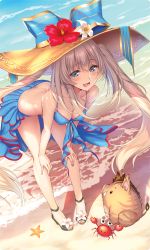 Rule 34 | 1girl, :d, beach, bent over, bikini, blue bikini, blue eyes, boar, breasts, cleavage, crab, day, fate/grand order, fate (series), flower, from above, hands on own knees, hat, hat flower, highres, jewelry, light brown hair, long hair, looking at viewer, marie antoinette (fate), marie antoinette (fate/grand order), marie antoinette (swimsuit caster) (fate), marie antoinette (swimsuit caster) (third ascension) (fate), medium breasts, necklace, open mouth, outdoors, pearl necklace, pigeon-toed, piromizu, sandals, smile, solo, standing, starfish, sun hat, swimsuit, twintails, very long hair