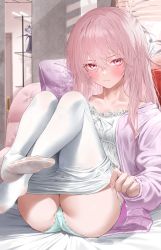 Rule 34 | 1girl, absurdres, angry, ass, blush, camisole, closed mouth, clothes pull, collarbone, crossed bangs, female focus, frilled camisole, frills, frown, hair between eyes, highres, inui sajuna, long hair, long sleeves, looking at viewer, panties, pantyhose, pantyhose pull, pink eyes, pink hair, removing legwear, soles, solo, sono bisque doll wa koi wo suru, tarutaru (ryousuke), thighs, underwear, white camisole, white pantyhose