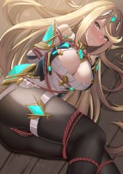 Rule 34 | 1girl, armor, arms behind back, bdsm, black pantyhose, blonde hair, blush, bondage, bound, bound arms, bound legs, breasts, chushou jiang, cleavage, dress, from above, hair in own mouth, highres, large breasts, long hair, looking at viewer, lying, mythra (massive melee) (xenoblade), mythra (xenoblade), on side, pantyhose, red rope, restrained, rope, shibari, swept bangs, tiara, white dress, xenoblade chronicles (series), xenoblade chronicles 2, yellow eyes
