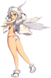 Rule 34 | 1girl, arms behind head, arms up, ass, bikini, blonde hair, blue eyes, butt crack, destiny child, detached wings, eshu (destiny child), expressionless, full body, fur trim, hood, jacket, kim hyung tae, long hair, long sleeves, looking at viewer, official art, open clothes, open jacket, shoes, sidelocks, simple background, sneakers, solo, star (symbol), star print, swimsuit, white bikini, white theme, white wings, wings