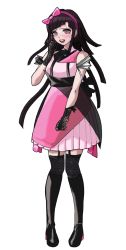Rule 34 | 1girl, :d, alternate costume, black dress, black footwear, black gloves, black hair, black thighhighs, blush, boots, bow, brown eyes, commentary, danganronpa (series), danganronpa 2: goodbye despair, derivative work, dress, english commentary, full body, garter straps, gloves, grey background, hair bow, hairband, highres, lace, lace-trimmed legwear, lace trim, long hair, looking at viewer, multicolored clothes, multicolored dress, open mouth, pink bow, pink dress, pink hairband, piro (piropoi), smile, solo, standing, thigh boots, thighhighs, tsumiki mikan, white dress, zettai ryouiki