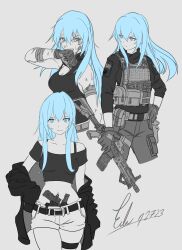 Rule 34 | 1girl, absurdres, bandaged arm, bandages, bare shoulders, black shirt, blue eyes, blue hair, clenched teeth, closed mouth, commentary, dated, dirty, dirty face, gloves, grey background, grey gloves, grey pants, gun, hair between eyes, highres, holding, holding gun, holding weapon, long hair, long sleeves, multiple views, off-shoulder shirt, off shoulder, original, pants, pixcy (pixcy5), puffy long sleeves, puffy sleeves, shirt, short sleeves, signature, simple background, sleeves past fingers, sleeves past wrists, sweat, teeth, very long hair, weapon, weapon request