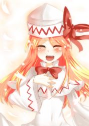 Rule 34 | 1girl, ^ ^, blush, bow, capelet, closed eyes, closed eyes, female focus, hat, lily white, long hair, open mouth, orange hair, smile, solo, takorice, touhou, wide sleeves