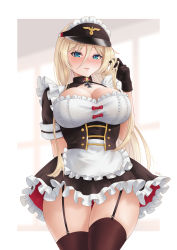 Rule 34 | 1girl, absurdres, alternate costume, apron, arm behind back, azur lane, bismarck (azur lane), black dress, black gloves, black thighhighs, blonde hair, blue eyes, blurry, blurry background, blush, breasts, cleavage, closed mouth, collared dress, cowboy shot, cross, dress, enmaided, frilled apron, frilled dress, frills, garter straps, gloves, hair between eyes, highres, iron cross, large breasts, long hair, looking at viewer, maid, maid apron, maid headdress, playing with own hair, short sleeves, sidelocks, skindentation, solo, standing, thighhighs, visor cap, white apron, whitter