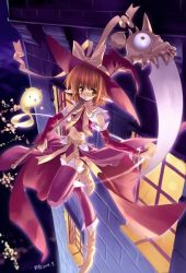 Rule 34 | bow, brown eyes, brown hair, city, hat, midriff, night, pointy ears, ribbon, scythe, thighhighs, weapon, witch, witch hat