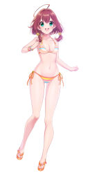 1girl ahoge akatsuki_hinata bikini bracelet breasts cleavage flower full_body green_eyes hair_flower hair_ornament highres jewelry medium_breasts navel omega_labyrinth_life open_mouth red_hair short_hair side-tie_bikini_bottom simple_background slippers striped_bikini striped_clothes swimsuit u35 white_background