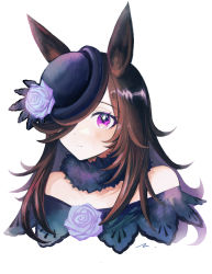 Rule 34 | 1girl, animal ears, bare shoulders, black hat, blush, brown hair, commentary, cropped shoulders, dress, flower, fur collar, hat, hat flower, highres, horse ears, long hair, looking at viewer, off-shoulder dress, off shoulder, portrait, purple eyes, purple flower, purple rose, rice shower (umamusume), rose, rosette (roze-ko), simple background, solo, umamusume, white background