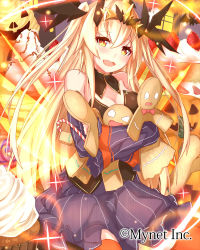 Rule 34 | 1girl, :d, bare shoulders, blonde hair, blush, breasts, candy, candy cane, cleavage, detached sleeves, falkyrie no monshou, food, gingerbread man, jack-o&#039;-lantern, long hair, looking at viewer, official art, open mouth, orange eyes, orange thighhighs, sitting, smile, solo, takanashie, thighhighs, valkyrie no monshou, very long hair