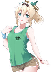 Rule 34 | 1girl, :o, absurdres, bare shoulders, basketball jersey, basketball uniform, blonde hair, bow, brown shorts, collared shirt, green eyes, green tank top, hair bow, hairband, hey oh much, highres, hololive, kazama iroha, looking at viewer, ponytail, shirt, shorts, simple background, solo, sportswear, sweat, sweatband, tank top, virtual youtuber, white background