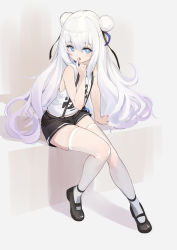 +_+ 1girl absurdres alternate_costume arm_support azur_lane bare_shoulders black_footwear blue_eyes blush deatheach double_bun finger_in_own_mouth finger_to_mouth flat_chest garter_straps gradient_hair hair_between_eyes hair_bun hair_ribbon highres le_malin_(azur_lane) long_hair looking_to_the_side midriff_peek multicolored_hair neck_ribbon open_mouth ribbon short_shorts shorts sidelocks silver_hair simple_background sitting skindentation solo suspender_shorts suspenders symbol-shaped_pupils tank_top thighhighs very_long_hair white_thighhighs