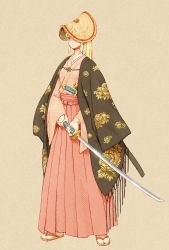 Rule 34 | 1girl, blonde hair, closed mouth, final fantasy, final fantasy tactics, full body, highres, holding, holding sword, holding weapon, katana, long hair, parody, samurai, samurai (final fantasy), sandals, shinichi kobe, simple background, socks, solo, style parody, sword, weapon