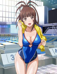 Rule 34 | 1girl, bare arms, blue one-piece swimsuit, blunt bangs, breasts, brown eyes, brown hair, cleavage, collarbone, competition swimsuit, covered navel, ikkitousen, indoors, large breasts, long hair, looking at viewer, one-piece swimsuit, ponytail, poolside, solo, swimsuit, thigh gap, towel, yagyu mitsuyoshi