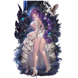 Rule 34 | 1girl, ass, back, bare legs, bird, bouquet, braid, breasts, bug, butterfly, cleavage, closed mouth, detached sleeves, dress, flower, full body, girls&#039; frontline, gun, high heels, highres, huge breasts, insect, jewelry, long hair, looking back, necklace, no panties, off-shoulder dress, off shoulder, official alternate costume, official art, owl, parted lips, purple hair, red eyes, shoes, sideboob, sidelocks, single braid, solo, standing, stiletto heels, thighs, torn clothes, transparent background, very long hair, weapon, white dress, whoisshe, zb-26 (girls&#039; frontline), zb-26 (the 1000th paper crane) (girls&#039; frontline)