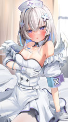 Rule 34 | 1girl, amane kanata, amane kanata (nurse), angel, angel wings, arm under breasts, armband, bare shoulders, bed, blue hair, blush, breasts, colored inner hair, dress, feathered wings, gloves, grey hair, hair between eyes, hair ornament, hairclip, hat, highres, hololive, medium hair, multicolored hair, nurse, nurse cap, official alternate costume, parted lips, purple eyes, sitting, small breasts, solo, takahira (takahirac562), virtual youtuber, white gloves, wings