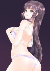 Rule 34 | 10s, 1girl, arched back, ass, back, bare arms, bare back, bare shoulders, black hair, blunt bangs, blush, bra, breasts, colored eyelashes, frapowa, frilled bra, frills, from behind, green eyes, hair ornament, hairclip, hand on own chest, kurosawa dia, large breasts, long hair, looking at viewer, looking back, love live!, love live! school idol project, love live! sunshine!!, no mole, open bra, panties, sideboob, solo, standing, straight hair, underwear, underwear only, undressing, unfastened, white bra, white panties