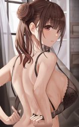 Rule 34 | asato mai, back, bra, breasts, brown hair, curtains, embroidered bra, frilled bra, frills, from behind, hair bun, highres, idolmaster, idolmaster shiny colors, indoors, large breasts, removing bra, single hair bun, solo, sonoda chiyoko, underwear, undressing, unfastened, wet