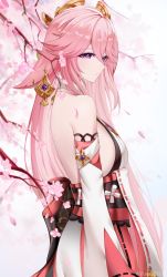 Rule 34 | 1girl, absurdres, animal ears, bare back, bare shoulders, blurry, blurry background, branch, breasts, cherry blossoms, closed mouth, commentary request, depth of field, earrings, expressionless, falling petals, floppy ears, flower, fox ears, from side, genshin impact, hair between eyes, hair ornament, highres, jewelry, large breasts, long hair, long sleeves, looking afar, looking at viewer, petals, pink hair, purple eyes, red sash, red skirt, ribbon trim, ritou08, sash, shirt, sideboob, sidelocks, skirt, sleeveless, sleeveless shirt, solo, twitter username, upper body, white shirt, white sleeves, wide sleeves, yae miko