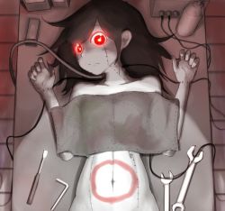 Rule 34 | 1girl, black hair, female focus, glowing, glowing eyes, kurokuro (pmnovel), lying, monochrome, navel, on back, original, out-of-frame censoring, red eyes, screwdriver, solo, spot color, stitches, table, wrench