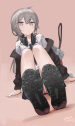 Rule 34 | 1girl, ahoge, artist name, black necktie, blurry, blurry background, brown jacket, collared shirt, dated, depth of field, feet, foot focus, foreshortening, girls&#039; frontline, grey hair, hair between eyes, headphones, headphones around neck, highres, jacket, looking at viewer, m200 (girls&#039; frontline), necktie, off shoulder, open clothes, open jacket, purple eyes, sawkm, shirt, shoes, short hair, sitting, solo, white shirt