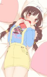 Rule 34 | 1girl, bare shoulders, bed sheet, blue shirt, blush, bow, box, braid, breasts, brown hair, dot nose, earrings, from above, hair bow, hat, heart, heart-shaped box, heart-shaped pillow, holding, holding box, idolmaster, idolmaster shiny colors, jewelry, large breasts, long hair, long sleeves, looking at viewer, lying, metindone, off-shoulder shirt, off shoulder, on back, on bed, pillow, print shirt, red eyes, shirt, skirt, solo, sonoda chiyoko, suspender skirt, suspenders, twin braids, twintails, white hat, yellow skirt