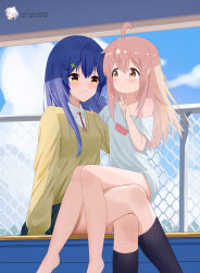 2girls blue_hair brown_footwear date_a_live itsuka_shiori long_hair looking_at_another multiple_girls no_pants onii-chan_wa_oshimai! oyama_mahiro pink_hair school_uniform sitting sitting_on_lap sitting_on_person socks yuri