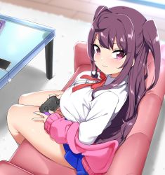 Rule 34 | 1girl, :d, bad id, bad twitter id, bare legs, bebebe (pepegakii), blue skirt, brown hair, controller, couch, glass table, hase rinon, highres, holding, holding controller, indoors, jacket, long hair, miniskirt, neck ribbon, open mouth, pink eyes, pink jacket, red ribbon, ribbon, school uniform, shirt, sitting, skirt, smile, solo, table, tama project, two side up, virtual youtuber, white shirt