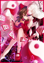 Rule 34 | 1girl, absurdres, arm up, ascot, blurry, blurry background, blurry foreground, bow, brown hair, bug, butterfly, calpis118, closed mouth, detached sleeves, foot out of frame, frilled bow, frilled skirt, frills, hair bow, hair over one eye, hakurei reimu, highres, insect, looking at viewer, mary janes, medium hair, ofuda, orb, red background, red bow, red eyes, red footwear, red ribbon, red shirt, red skirt, red theme, ribbon, ribbon-trimmed sleeves, ribbon trim, sarashi, shirt, shoes, skirt, sleeveless, sleeveless shirt, socks, solo, touhou, white socks, yellow ascot, yin yang, yin yang orb