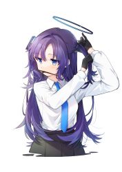 Rule 34 | 1girl, absurdres, adjusting hair, black gloves, black skirt, blue archive, blue necktie, blush, breasts, closed mouth, collared shirt, eme (emeralda), gloves, halo, highres, long hair, long sleeves, mechanical halo, medium breasts, mouth hold, necktie, pleated skirt, purple eyes, purple hair, shirt, simple background, skirt, solo, two side up, white background, white shirt, yuuka (blue archive)