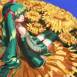 Rule 34 | 1girl, bad id, bad pixiv id, elbow gloves, female focus, flower, gloves, green eyes, green hair, hatsune miku, long hair, matching hair/eyes, mini person, minigirl, miniskirt, nrkfeb5, on flower, sitting, skirt, solo, sunflower, thighhighs, twintails, very long hair, vocaloid, zettai ryouiki