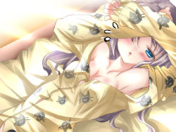 Rule 34 | 00s, 1girl, arms up, bare shoulders, bed sheet, blush, breasts, buttons, collarbone, day, fate/stay night, fate (series), flying sweatdrops, hair over one eye, half-closed eye, light rays, long hair, long sleeves, looking at viewer, looking up, lying, official alternate costume, on back, open mouth, pajamas, purple hair, shiranagi, sleeves past wrists, small breasts, solo, sunbeam, sunlight, tohsaka rin, uneven eyes