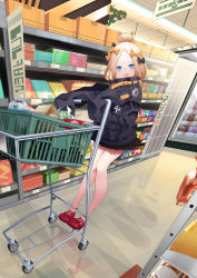 Rule 34 | 1girl, abigail williams (fate), abigail williams (traveling outfit) (fate), absurdres, bandaid, bandaid on face, bandaid on forehead, belt, black bow, black jacket, blonde hair, blue eyes, blush, bow, breasts, crossed bandaids, fate/grand order, fate (series), forehead, hair bow, hair bun, heroic spirit traveling outfit, high collar, highres, jacket, long hair, long sleeves, looking at viewer, multiple hair bows, official alternate costume, open mouth, orange belt, orange bow, parted bangs, polka dot, polka dot bow, red footwear, shelf, shiro ami, shopping cart, single hair bun, sleeves past fingers, sleeves past wrists, small breasts, smile