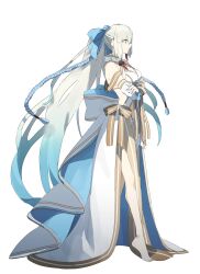 Rule 34 | 1girl, absurdres, aqua hair, arms under breasts, back bow, bare legs, bare shoulders, barefoot, bikini, blue bow, blue eyes, blue nails, bow, bow choker, braid, breasts, choker, crossed arms, detached sleeves, fate/grand order, fate (series), from side, full body, gradient hair, grey hair, hair bow, hair ornament, halterneck, highres, long hair, looking ahead, medium breasts, morgan le fay (fate), morgan le fay (water princess) (fate), multicolored hair, nail polish, ninjin (ne f g o), ponytail, profile, red tassel, ribbon, ribbon choker, showgirl skirt, simple background, skirt, solo, standing, striped bow, striped ribbon, swimsuit, tassel, tassel hair ornament, tiptoes, toes, two-tone bow, white background, white bikini, white skirt, white sleeves, yellow ribbon