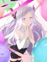 Rule 34 | !?, 1girl, ahoge, balloon, black skirt, black thighhighs, blue archive, blurry, collared shirt, commentary request, confetti, demon girl, demon horns, demon wings, depth of field, forehead, halo, highres, hina (blue archive), horns, leaning forward, long hair, looking at viewer, midorino eni, own hands together, parted bangs, pencil skirt, ponytail, purple eyes, shirt, side slit, sidelocks, skirt, sleeveless, sleeveless shirt, solo, speech bubble, striped horns, surprised, sweatdrop, thighhighs, white hair, white shirt, wings, zettai ryouiki