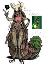 Rule 34 | 1girl, absurdres, animal feet, animal hands, antennae, arthropod girl, black eyes, blank eyes, blonde hair, breasts, bug, colored skin, cone hair bun, double bun, extra arms, firefly, grey skin, hair bun, hand on own hip, highres, insect, joints, looking at viewer, monster girl, open mouth, original, personification, simple background, small breasts, solo, sparrowl, tail, venus symbol, white background