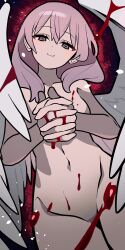 Rule 34 | 122pxsheol, 1girl, absurdres, angel wings, blood, blood on body, blood on hands, completely nude, happy saint sheol, highres, horizontal pupils, looking at viewer, maya elbeth, medium hair, nude, official art, orange eyes, own hands together, pink hair, red background, smile, solo, wings