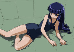 Rule 34 | 10s, 1girl, aoki reika, arm support, blue eyes, blue hair, blue one-piece swimsuit, blue school swimsuit, blunt bangs, blush, collarbone, female focus, foot out of frame, from above, green background, hair ornament, hairclip, long hair, looking at viewer, looking up, lying, matching hair/eyes, old school swimsuit, on side, one-piece swimsuit, precure, rohitsuka, school swimsuit, smile, smile precure!, solo, swimsuit