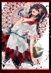 Rule 34 | 1girl, absurdres, ahoge, arrow (symbol), arrow through heart, bangle, black hair, blood, blood from mouth, border, bow, bracelet, dress, grey horns, highres, hiso (inoino 4), horns, jewelry, kijin seija, multicolored hair, open mouth, red eyes, red hair, short hair, solo, streaked hair, tears, touhou, unbuttoned, white hair